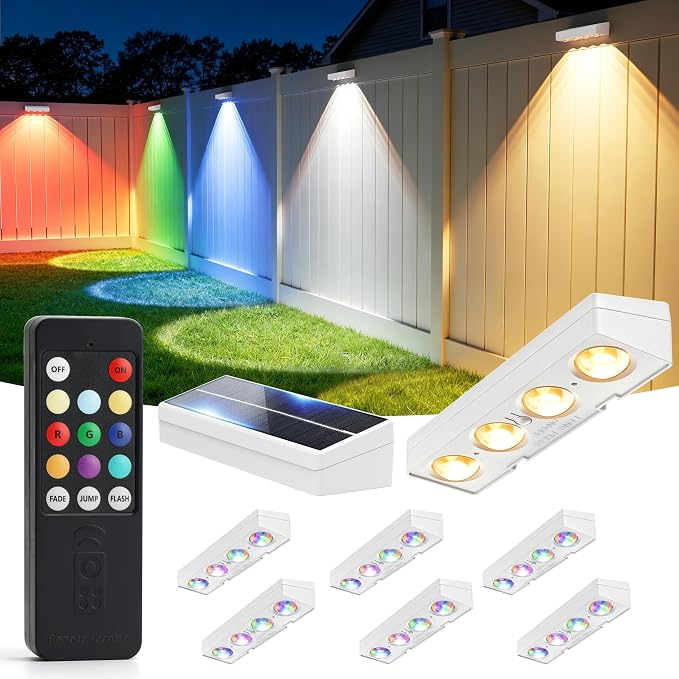 JOFIOS Solar Fence Lights Outdoor with Remote, 8 Pack, 9 Fixed Colors ＆ Color Changing Solar Lights Waterproof IP65 Dusk-to-Dawn Vinyl Fence Lights for Patio, Pool, Porch, Backyard, Wall, White