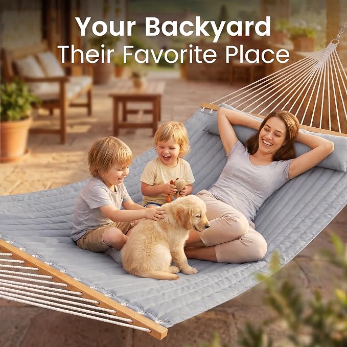 Everyfun Double Hammock with Spreader Bar - 2 Person Patio Hammock, 500 lbs Capacity, Soft Pillow & Carry Bag, Flat Wide Bed, Portable Quilted Hammock for Outdoor Camping Backyard Garden,Dark Gray