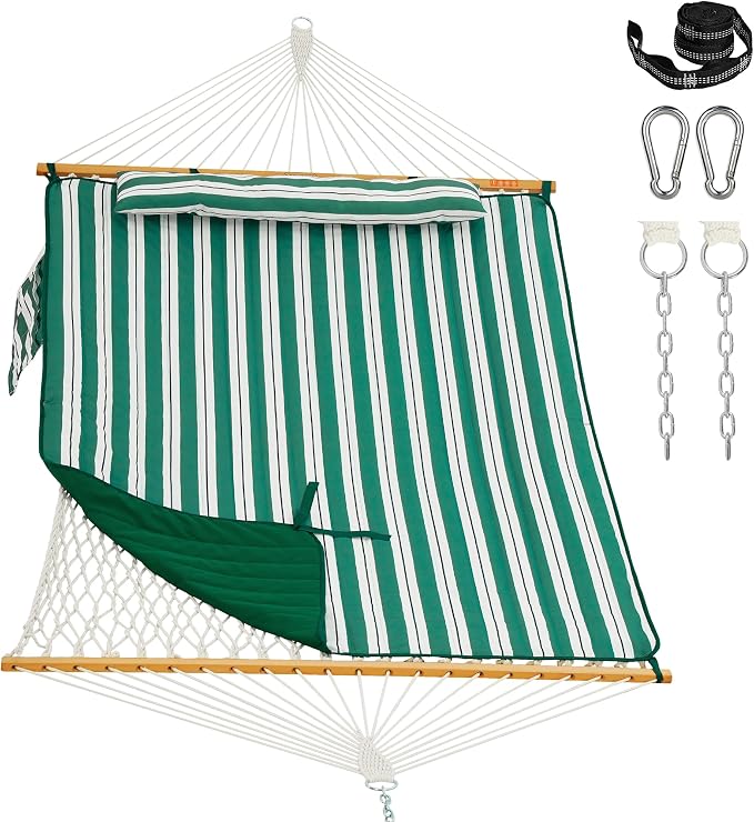 Lazy Daze Hammocks Rope Hammock with Pad, Spreader Bar, Carabiners, Tree Straps, Chains for Outside Patio- Max 450 Lbs, Green Stripes
