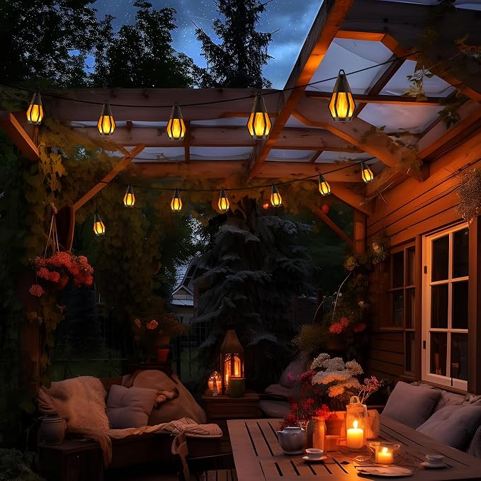 Solar String Lights for Outside, 44Ft Solar Patio Light with 20 Flickering Flame Light Bulbs, Waterproof Warm White Solar Powered Outdoor Lights for Garden Yard Patio Gazebo Bistro Cafe Party Decor