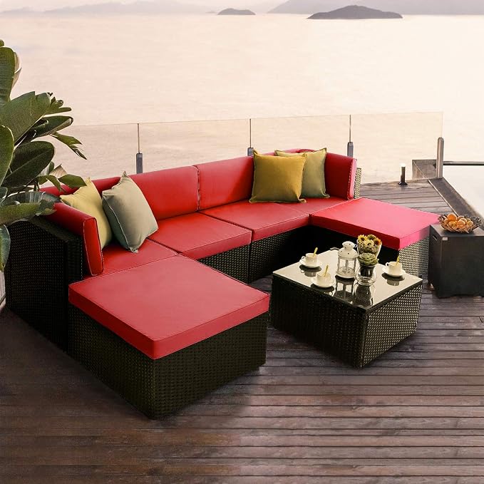 VITESSE 7 Pieces Patio Furniture Sectional Sets, Outdoor All Weather PE Rattan Wicker Lawn Conversation Sets, Garden Sofa Set with Coffee Table and Washable Cushion, 7 Pieces, Red