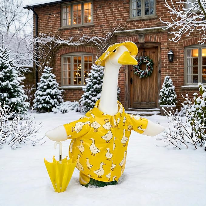 Yellow Goose Printed Raincoat Goose Outfits Porch Printed Waterproof Clothes with Umbrella Hat Fits 23" Geese Statue for Spring Garden Lawn Patio Yard Outdoor Decor (Special Printed)