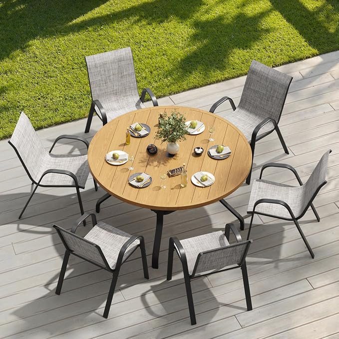 Soohow Patio Dining Set for 6, 7-piece Outdoor Dining Set 6 x Stackable Patio Chairs & 1 x Wood-Like Round Table with Umbrella Hole, All-Weather Outdoor Table and Chairs for Backyard, Balcony, Porch