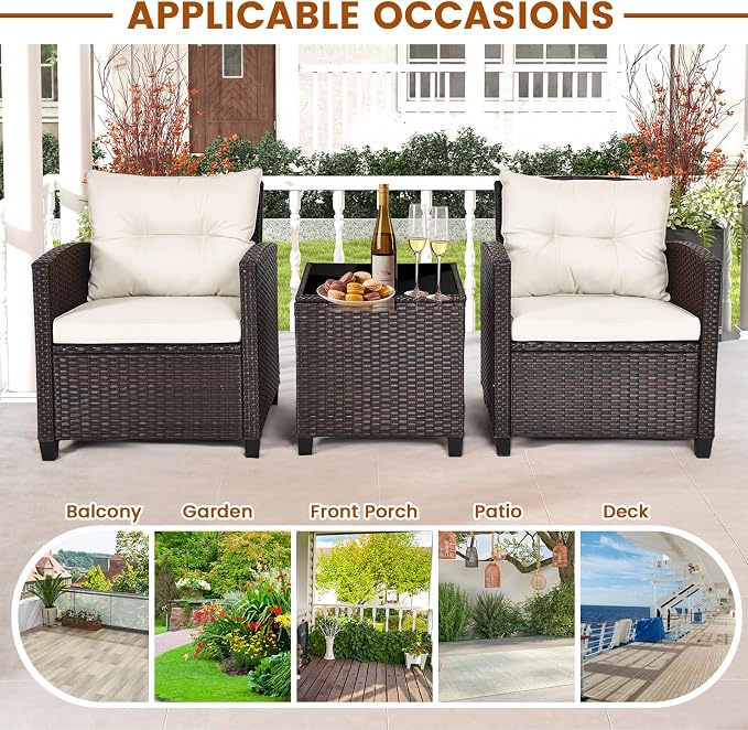 3-Pieces Patio Furniture Set, PE Wicker Chairs Sofa Set with Removable Cushions & Glass Top Side Table, Outdoor Wicker Rattan Conversation Chair for Porch,Backyard, Balcony (White)