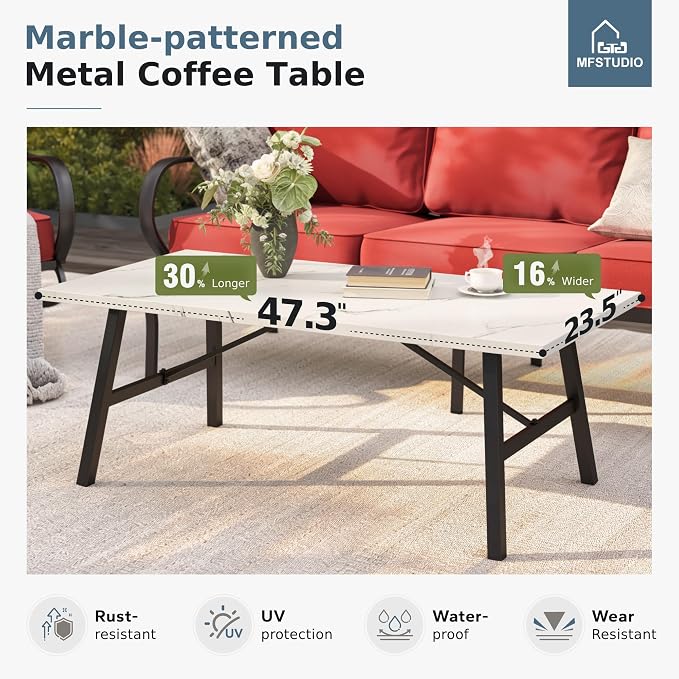 MFSTUDIO 4 Pieces Patio Conversation Set, 5 Seats Metal Patio Furniture Sets with 1 x 3-Seat Sofa, 2 Single Chairs,1 Coffee Table, All Weather Steel Patio Sets with 5.75inch Red Cushion for Garden