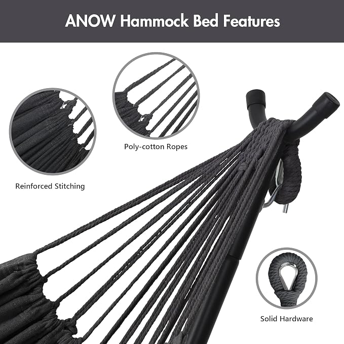 ANOW Heavy-Duty Hammock with Stand for Outside, Space Saving Steel Stand with Adjustable Height, 475 Lbs Capacity, Dark Gray