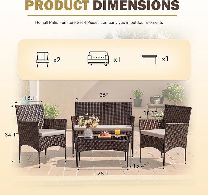 Homall 4 Pieces Outdoor Patio Furniture Sets Rattan Chair Wicker Set,Outdoor Indoor Use Backyard Porch Garden Poolside Balcony Furniture (Brown and Beige)