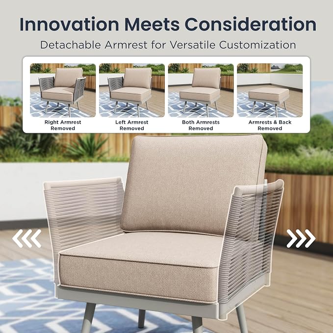 PHI VILLA 5-Piece Rope Rattan Patio Sectional Furniture Set,Modern Outdoor Conversation Set with Detachable Armrests and Grey Metal Frame,All Weather Patio Sofa with Coffee Table and Biege Cushions