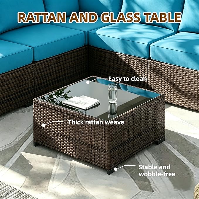 MOCHITO 5 Pcs Outdoor Patio Furniture Sets Brown Rattan Turk Blue Cushions | All-Weather Sectional Sofa, with Glass Table, PE Rattan Wicker Patio Furniture , Washable Cushions, for Balcony Porch Garden