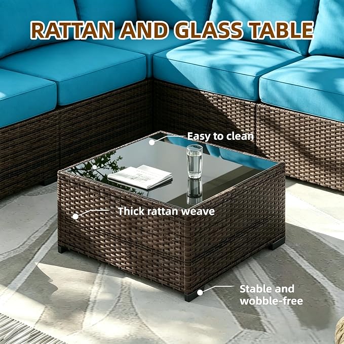 MOCHITO 7 Pcs Outdoor Patio Furniture Sets Brown Rattan Turk Blue Cushions | All-Weather Sectional Sofa, with Glass Table, PE Rattan Wicker Patio Furniture , Washable Cushions, for Balcony Porch Garden