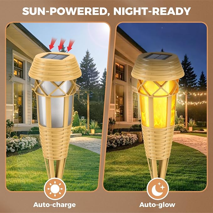 Flickering Flames Solar Powered Lights - Upgraded Solar Torches Waterproof Outdoor Decorative Lighting Auto On/Off, Handmade Bamboo Finish (Yellow-8pack-new)