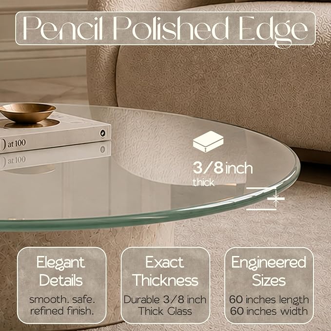 60-inch Round 3/8" Thick Pencil Polished Edge Glass Table Top with 6 Bumpers - Tempered, Scratch Resistant & Safety Replacement Glass Designed for Dining, Coffee, Patio & End Tables
