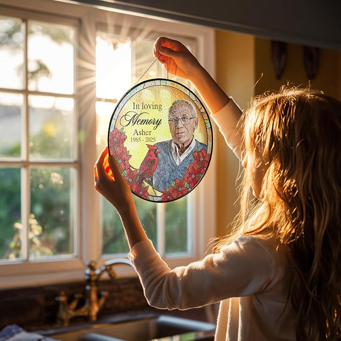 Personalized Loved One Photo Stained Glass Suncatcher - Cardinal in Loving Memory Keepsake Gift - Custom Photo, Name, Years (Cardinal Memorial)