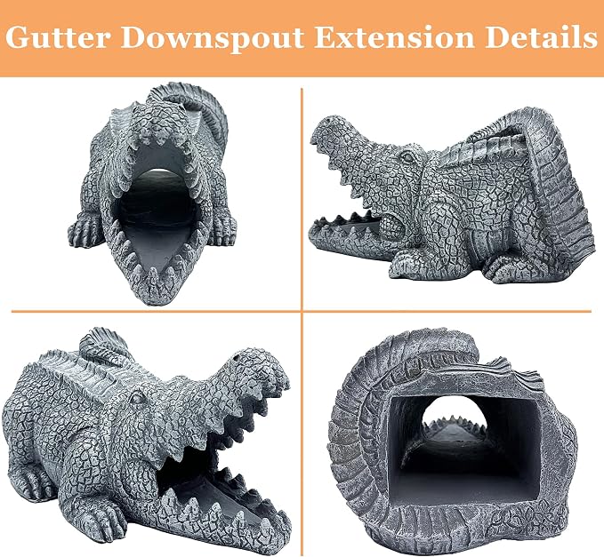 Teaeeno Alligator Decor Statue Gutter Downspout Extension Decorative,Crocodile Gutter Animal Statue Outdoor Decor,3"×4" Rain Gutter Downspout Splash Block,Garden Splash Block Outdoor Sculpture (Stone)