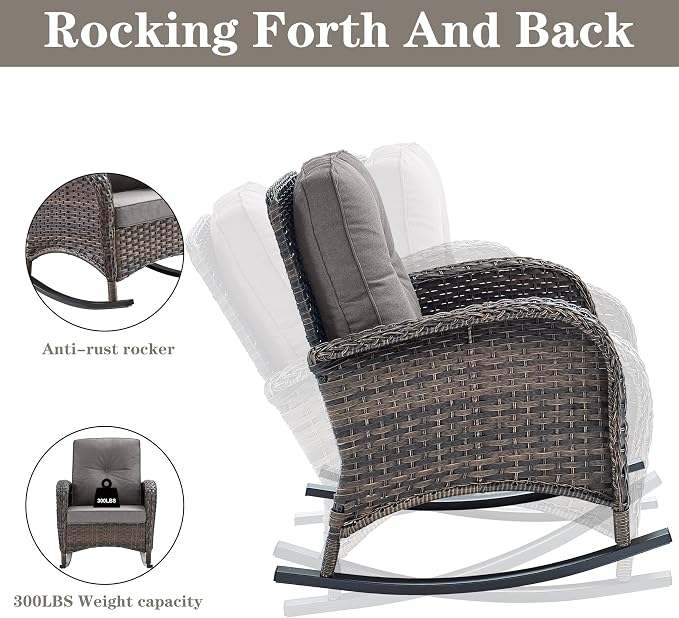 Belord Patio Furniture Set with Fire Pit Table - 8 Piece Outdoor Wicker Furniture Set with 43" 50000 BTU Propane Fire Pit and Rocking Chairs Patio Conversation Set for Deck Outside Backyard Grey