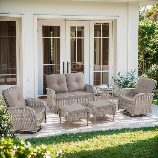 6 Piece Patio Furniture Set - Wicker Patio Conversation Set with Swivel Glider, Glider Loveseat, Tempered Glass Side Table and 2 Ottomans for Deck Backyard - Grey Wicker Grey Cushion