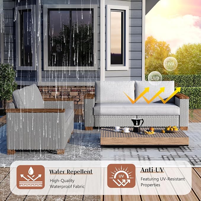 LUXOAK 4-Piece Outdoor Patio Furniture Set, All-Weather Wicker Sofa with 5.9" Solid Wood Armrests, Wooden Legs, and Cushions – Sectional Conversation Set for Backyard, Porch, Garden, or Poolside