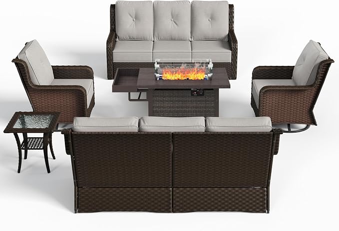Sundale Outdoor Wicker Patio Furniture Set with Fire Pit, 6 Piece All Weather Outdoor Furniture Set with Swivel Chairs & Couch, High Back Patio Conversation Sets with 6" Cushions for Yard, Deck (Grey)