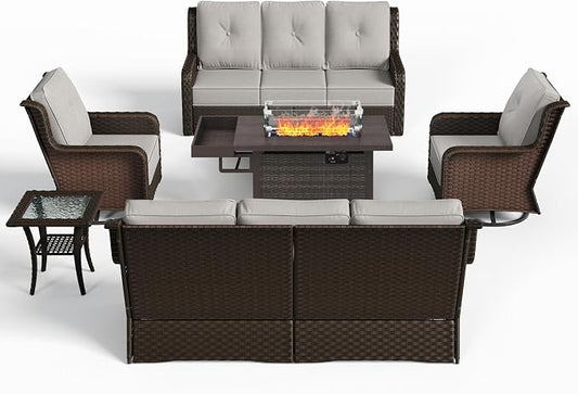 Sundale Outdoor Wicker Patio Furniture Set with Fire Pit, 6 Piece All Weather Outdoor Furniture Set with Swivel Chairs & Couch, High Back Patio Conversation Sets with 6" Cushions for Yard, Deck (Grey)