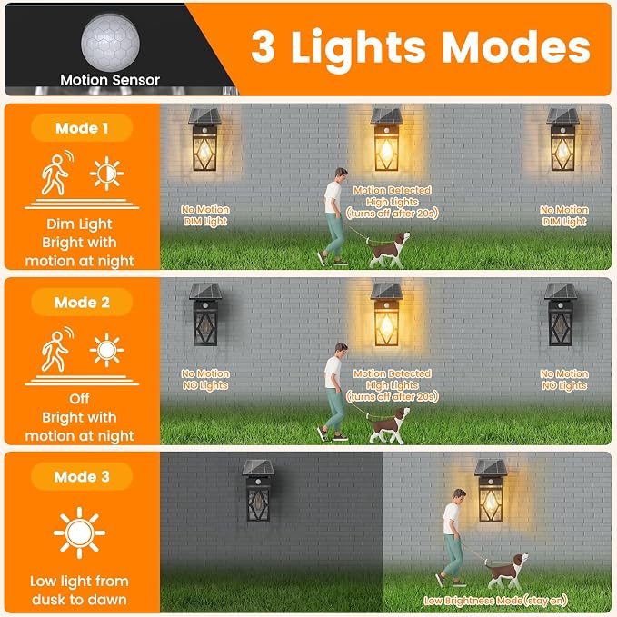 1 Pack Solar Porch Lights Outdoor with Dusk-to-Dawn Motion Sensor | 200LM 3000K Warm White, E26 ST58 Bulb, Classic Lantern Design, 3 Lighting Modes, IP65 Waterproof for Porch, Garage & Patio