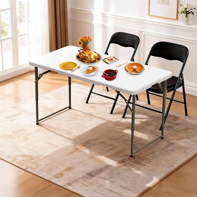 Elevon Folding Table Set with 2 Black Folding Chairs,4 Feet Heavy Duty Fold-in-Half Utility Table Sets for Picnic, Event, Training, Outdoor Activities, at Home and Commercial Use