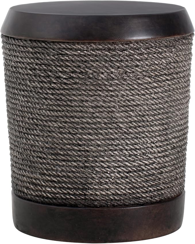 Outdoor Dark Brown Simulated Braided Cord MGO Side Table with Vintage Trim – Indoor Retro Cylindrical End Table for Home & Patio Decor (brown-27)