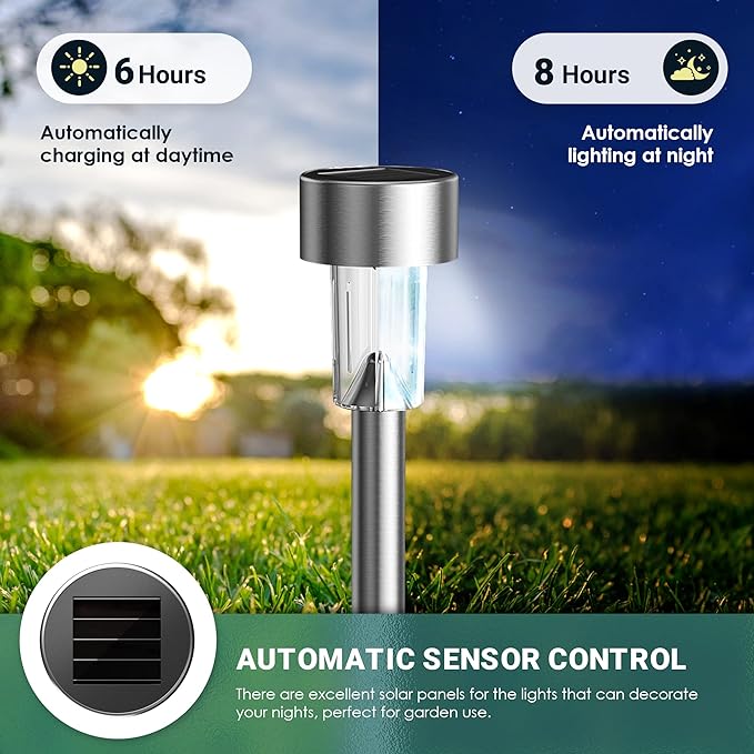 GIGALUMI 16 Pack Solar Lights Outdoor Waterproof,Stainless Steel LED Solar Garden Lights for Patio, Lawn, Yard and Landscape(Cold White) | Solar Pathway Lights, Solar Garden Lights for Patio, Lawn, Yard and Landscape LED (Cold White)