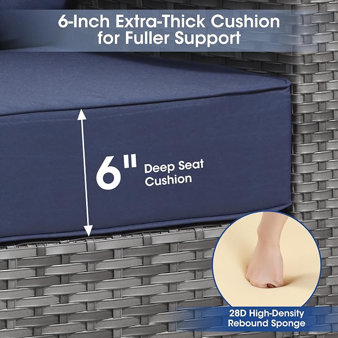 3 Piece Patio Furniture Set, Grey Wicker Outdoor Conversation Set with 2 Swivel Rocker Chairs and Side Table, 6-Inch Thick Cushions, High Back Seating, Blue Covers for Porch, Deck