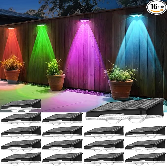 Solar Fence Lights Outdoor, 16 Pack, 7 Color Modes, IP65 Waterproof | RGB Cycle/Fixed Fence Lights Solar Powered for Outside, Deck Lighting for Wall, Step, Patio, Pathway, Stairs