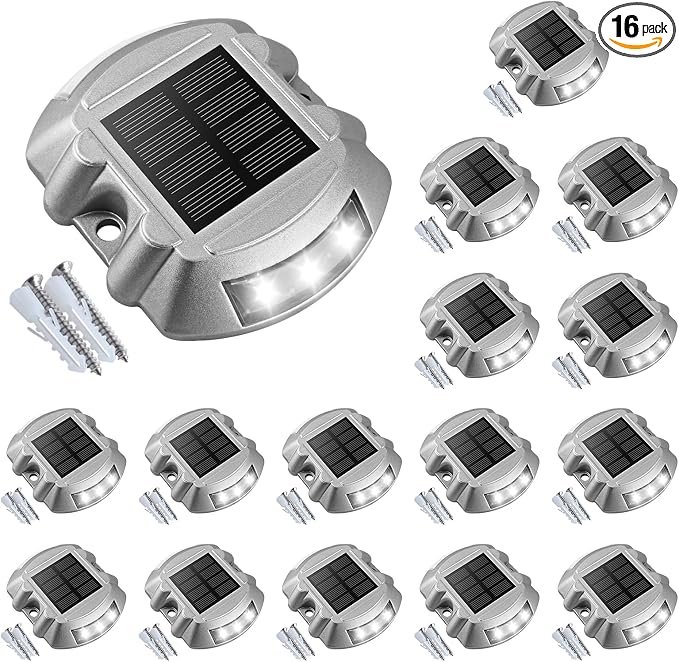 VOLISUN Solar Deck Driveway Dock Lights,Solar Pathway Lights,White 16 Pack | Solar Powered LED, IP68 Waterproof Led Outdoor Warning Step Marine Lights for Sidewalk Garden Yard