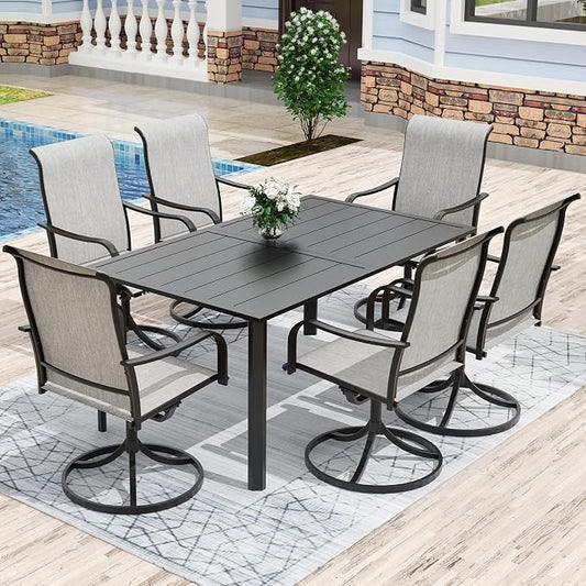 Anmutig 7-Piece Outdoor Patio Dining Set with 6 Swivel Chairs, Outdoor Furniture Steel Frame Slat Rectangular Table with 1.57" Umbrella Hole for Backyard, Grey