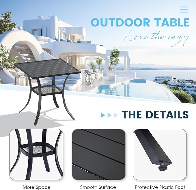 3 Pieces Patio Furniture Dining Set, 2 Textilene Swivel Dining Chairs, 28" Outdoor Square Metal Table with Storage Shelf, Outdoor Dining Set for Porch, Lawn, Garden, Black/Blue