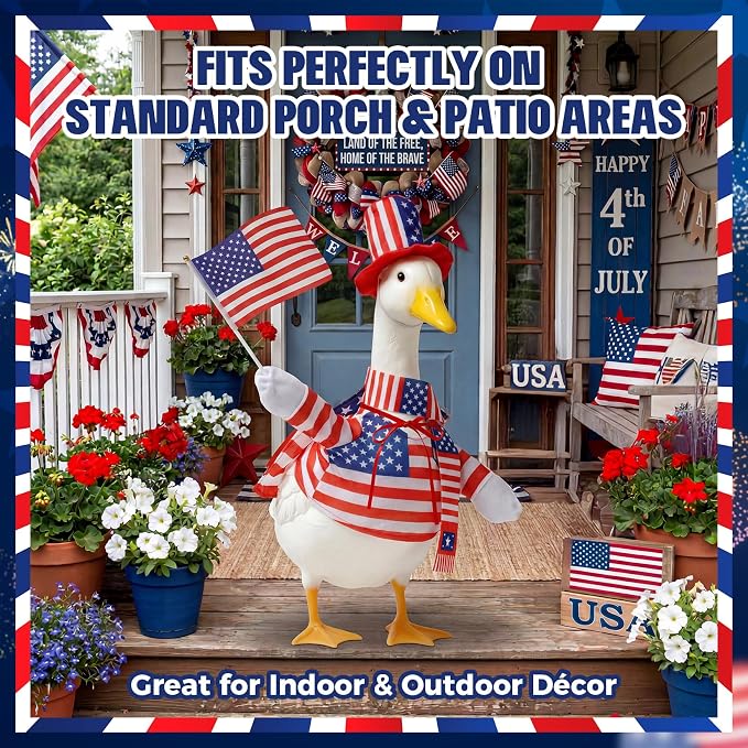 Mastom 4th of July Porch Goose Outfit for 23 Inch Goose Statue, Patriotic Red White Blue Goose Clothes with Flag for Outdoor Garden Patio Decor, USA 250th Anniversary Merchandise