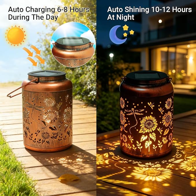 Waterproof Metal Dragonfly Solar Lantern Outdoor Hanging Garden Light | Colorful LED metal Dragonfly lantern; durable, waterproof outdoor decor perfect for patio, yard, or as a gift for women