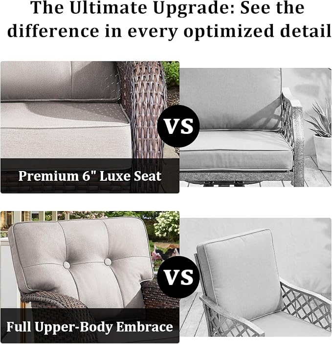 4 PCS Patio Furniture Set with Fire Pit Table, Outdoor Sectional Sofa Couch with Rocking Swivel Chairs 5" Deep Seat Chairs, Modern Wicker Rattan Conversation Set, Beige/Brown Wicker