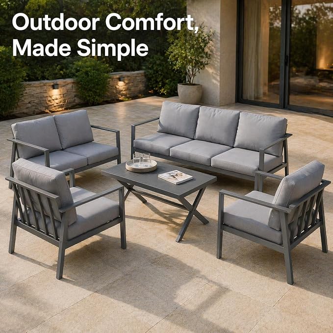 Aluminum Patio Sectional Furniture Set,5 piece Patio Conversation Sets Outdoor Patio Furniture Set Sofa with Coffee Table & Washable Cushions Grey