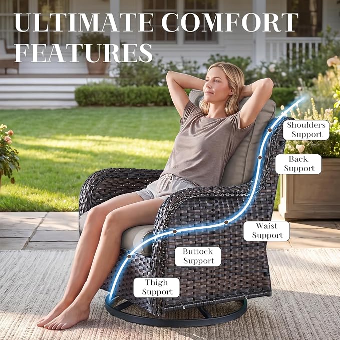Rilyson Wicker Rocking Chair Swivel Chairs - 3 Piece Rocker Patio Furniture Set Rattan Rocking Bistro Sets with Glass Top Side Table for Outdoor Porch Deck Garden Backyard (Brown/Grey)