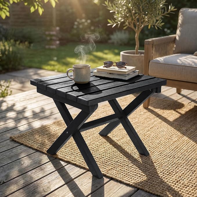 Furnimart 18" Square Foldable Side Table for Outdoor & Camping, Extra-Thick HDPE Weather-Resistant Small Coffee Table, Portable Black Outdoor End Table for Balcony Poolside Space Saving(Black)