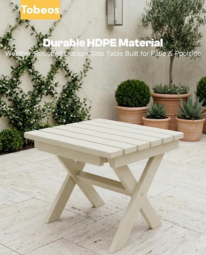 Outdoor Folding Side Table,HDPE Material, Portable Space-Saving Design, Weather-Ready with Authentic Wood-Grain Feel (White, 1 Table)
