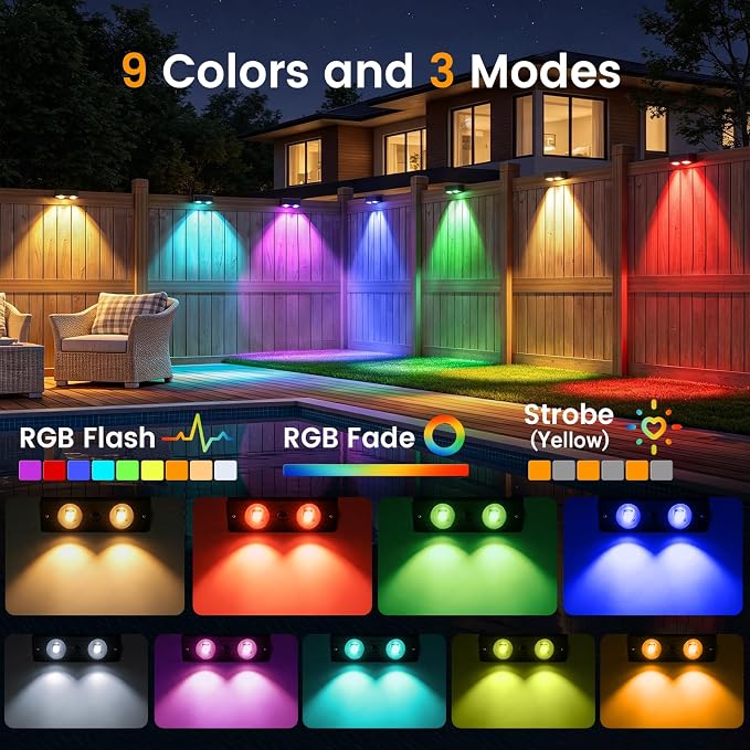 Bridika Solar Deck Lights Outdoor with Remote, L-Shaped Design, Black 16 | Remote sync all lights, 9 Colors & 3 modes, LED, IP65 waterproof, Dusk to dawn, for fence/deck/patio/stairs/railing/wall