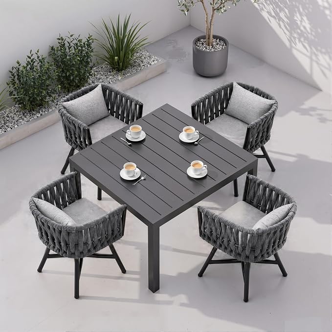 Grand patio 5-Piece Outdoor Dining Set for 4, Patio Dining Furniture Set for 4 Swivel Rope Wicker Chairs & 1 Expandable Rectangular Dining Table, Dark Gray