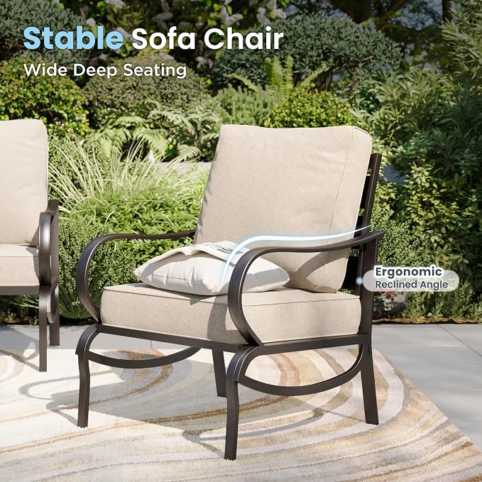 PHI VILLA 6 Piece Patio Furniture Sets with 1 x 3 Seater Padded Deep Seating Bench, 4 x Leg Cushioned Sofa Chairs and 1 x Coffee Table, Outdoor Conversation Metal Furniture Set for 7