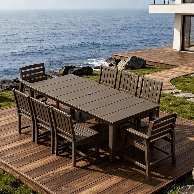 AreShark 9-Piece Outdoor Dining Set,HDPE Patio Table with 8 Chairs,All-Weather Patio Furniture Set with Umbrella Hole,Low Maintenance Wood Grain Dining Set for Backyard,Garden,Poolside,Coffee