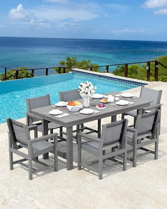 SERWALL 7 Pcs HDPE Patio Dining Set with 1 Table & 6 Woven Chairs, Black | HDPE Outdoor Dining Set with Rectangular Table & 6 Woven Chairs, All-Weather Patio Dining Furniture