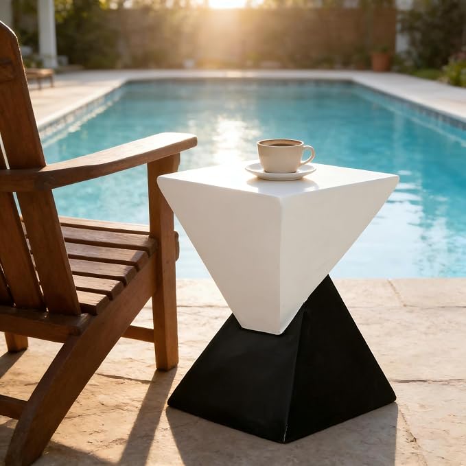 Merax Modern Concrete Side Table with Hourglass Design - Hand-Painted Wood Finish Accenttable for Indoor/Outdoor, White&Black