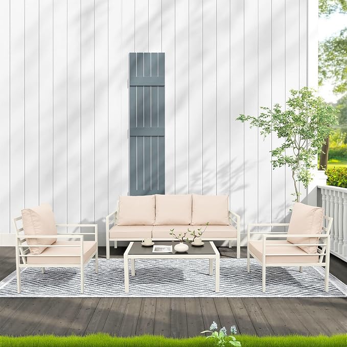 WAROOM Patio Furniture Set 4 Pieces Metal Outdoor Conversation Sets Backyard Chair Outside Couch with Coffee Table, Khaki Cushion