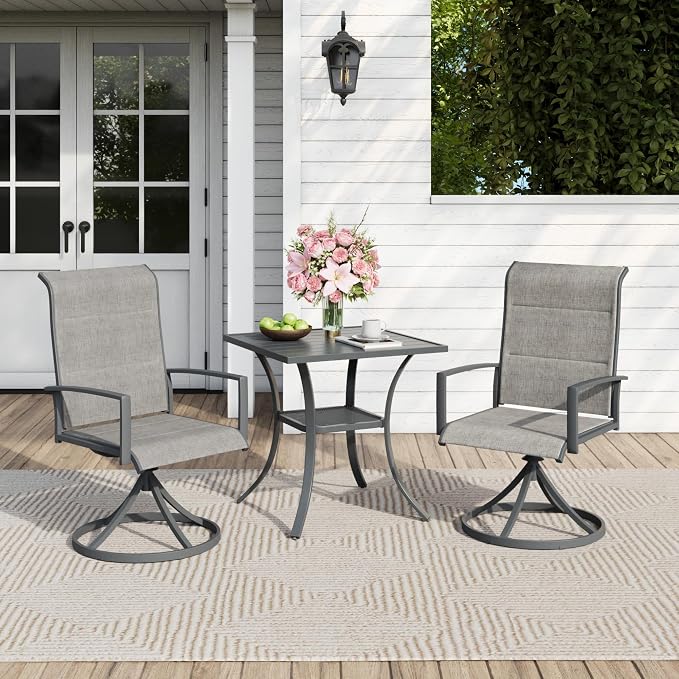 Outdoor Dining Set for 2, 28" Metal Square Outdoor Dining Table and Padded Textilene Patio Swivel Chairs, 3 Pieces Patio Table and Chairs Set for Garden Backyard, Grey and Dark Grey