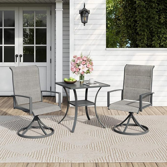 Outdoor Dining Set for 2, 28" Metal Square Outdoor Dining Table and Padded Textilene Patio Swivel Chairs, 3 Pieces Patio Table and Chairs Set for Garden Backyard, Grey and Dark Grey