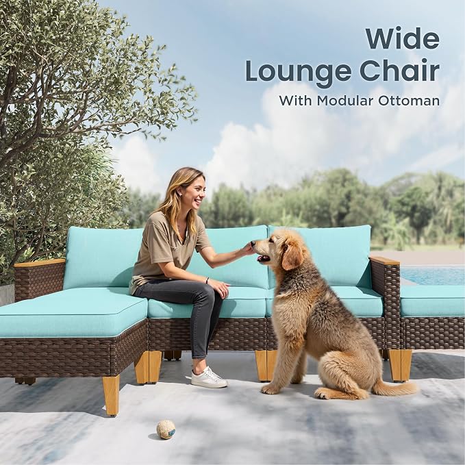 PHI VILLA Wicker Patio Furniture Sofa Set, 3 Seater Rattan Couch with Deep Seating for Poolside, Garden 2 x Single Sofa, Aqua Green