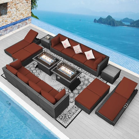 NICESOUL 18 Piece Extra Large Luxury Patio Furniture Set with Firepit, Outdoor Sectional w/Chaise Lounge, Comfy 29.3" High Back Couch Deep Seat, All-Weather Wicker Conversation Set, Gray & Red